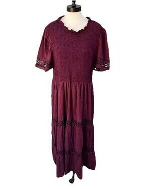 Baltic Born Loveland Geo MIDI Dress 1X  Purple Burgundy Tiered Church Holiday